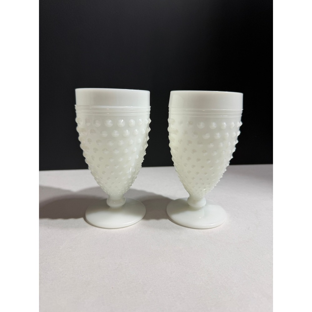 Vintage Fenton Milk Glass Hobnail Goblets White Footed Water Glasses Set of 2